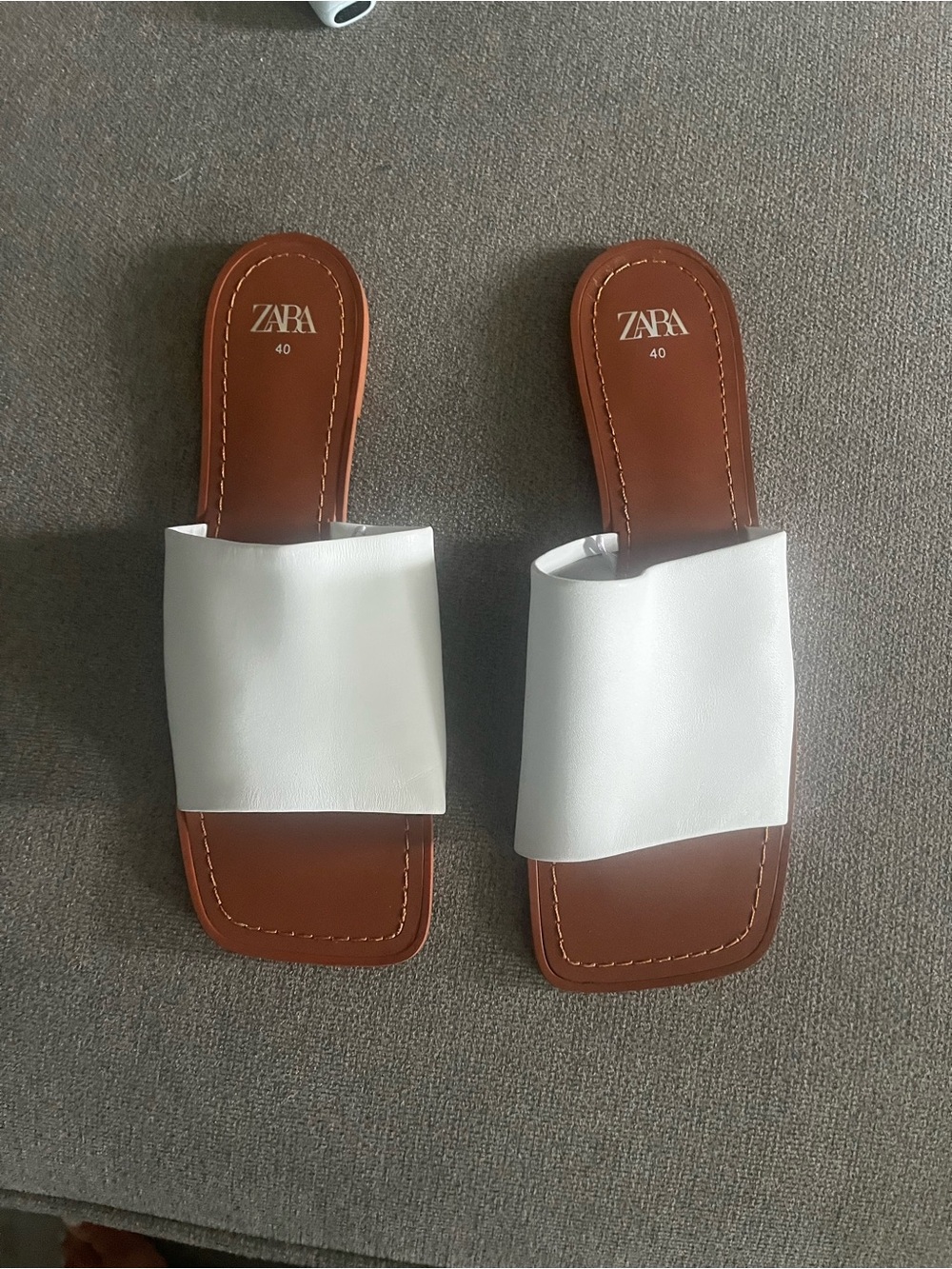 Zara White Leather Slide Sandals with Brown Footbed